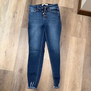 KanCan Dark Blue High-Rise Skinny Jeans with Frayed Ankles